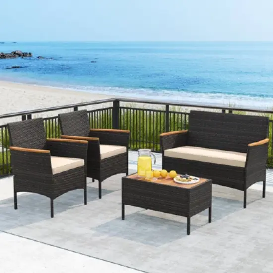 Tangkula 8 Piece Outdoor Patio Rattan Furniture Set Rattan Conversation Set w/ Chairs & Loveseat image {4}