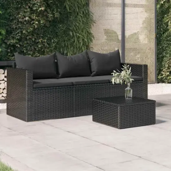 vidaXL 3-Seater Patio Sofa with Cushions Black Poly Rattan image {1}