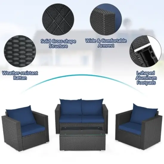 Costway 4PCS Patio Rattan Furniture Set Cushioned Sofa Loveseat with Navy & Turquoise Cover image {9}