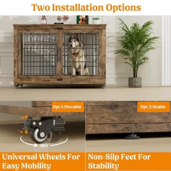 Gikpal Wooden Dog Crate Furniture, Stylish Dogs Kennel for Small to Extra Large, Double Door & A Cushion & 360&deg;Wheel, Metal, Chew-Proof, Dog Cage image {5}
