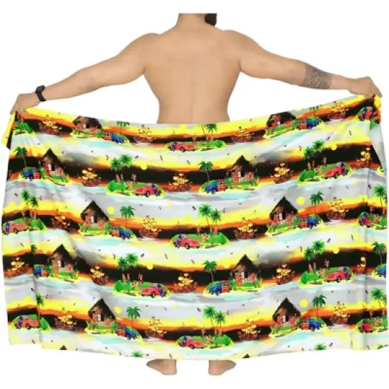 LA LEELA Men's Swimwear Cover Up Samoan Beachwear Summer Long Wrap Hawaiian Vacation Lava Lava For Men Sarongs Cover-Up One Size Black, Landscape image {3}