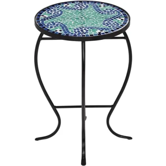 Teal Island Designs Black Round Outdoor Accent Side Tables 14" Wide Set of 2 Blue Wave Mosaic Tabletop Front Porch Patio Home House image {4}
