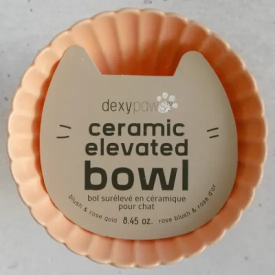 Dexypaws: Elevated Ceramic Cat Bowl, Blush Pink & Rose Gold Flower, 8.45oz image {2}