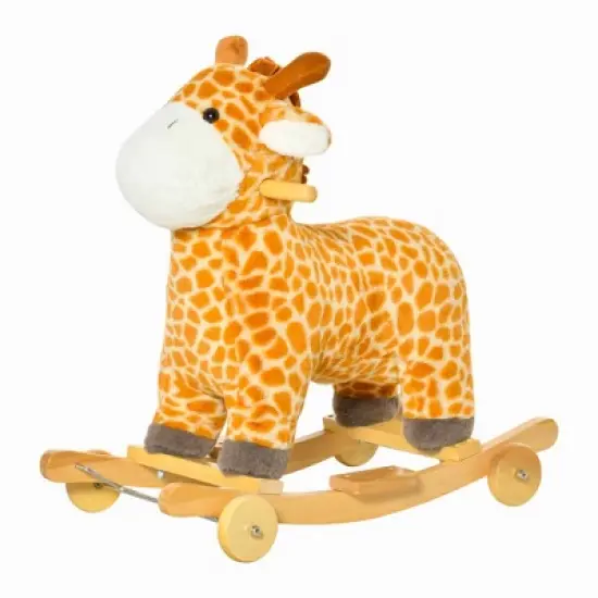 Qaba 2-in-1 Kids Plush Ride-On Rocking Horse Toy, Giraffe-shaped Plush Rocker with Realistic Sounds for Children 3 to 6 Years, Yellow image {3}