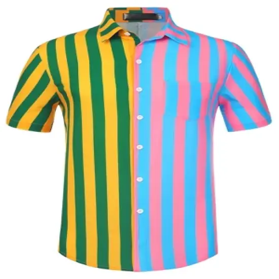 Lars Amadeus Men's Summer Button Down Contrast Color Vertical Stripes Patchwork Shirts image {6}