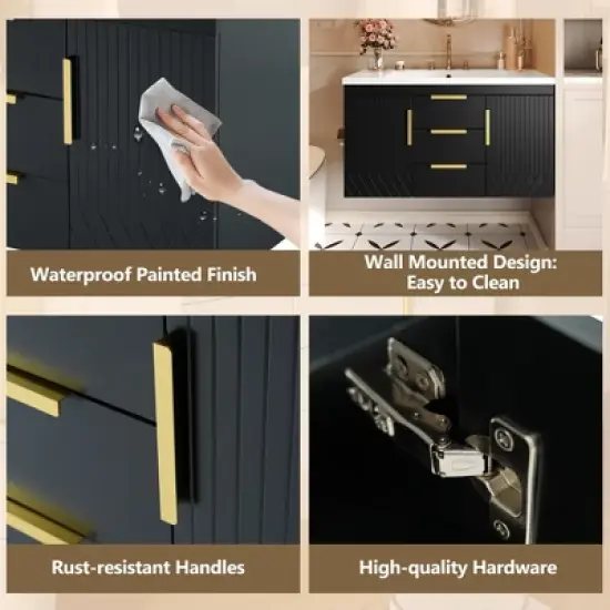 ModernLuxe 36'' Wall Mounted Bathroom Vanity, Floating Solid Wood Cabinet with Resin Sink, 2 Drawers & 2 Cabinets, White/Black image {7}