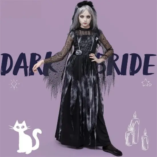 Joyfy Girls Princess Costume Halloween, Elegant Black Dress Halloween Costumes Outfit with Headband for Kids Halloween Ghost Role Play Party image {2}