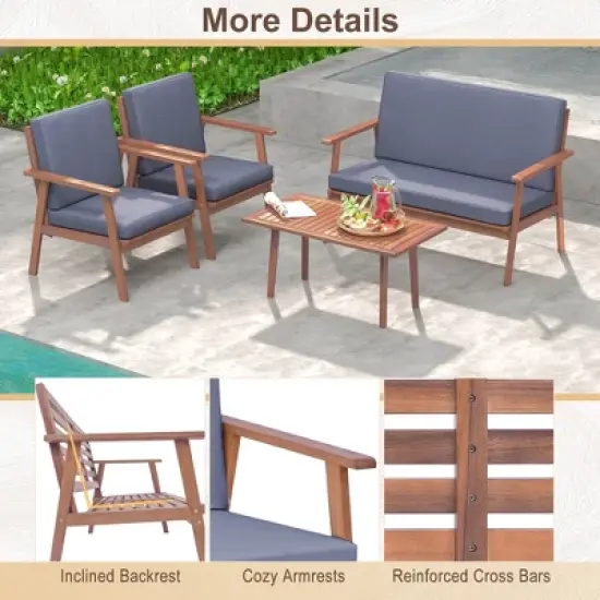 Costway 4 PCS Patio Conversation Set Acacia Wood Sofa Coffee Table with Cushioned Seat image {8}