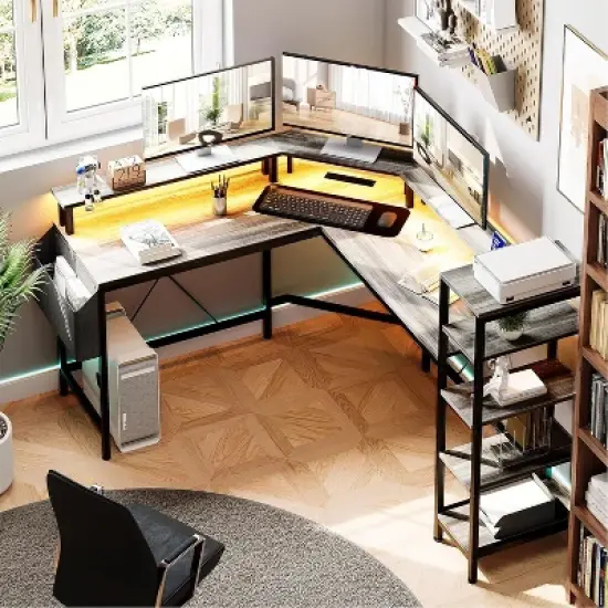 L Shaped Gaming Desk with Power Outlet & Led Lights, L-Shaped Corner Computer Desks Gaming Desk with 5 Shelves and Storage Bag, Pc Table Gray image {1}