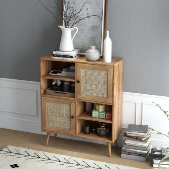 Costway Rattan Buffet Sideboard Accent Storage Cabinet Coffee Bar Cabinet Doors Cubbies image {3}