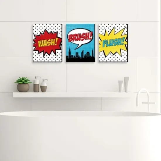 Big Dot of Happiness Bam Superhero - Kids Bathroom Rules Wall Art - 7.5 x 10 inches - Set of 3 Signs - Wash, Brush, Flush image {1}
