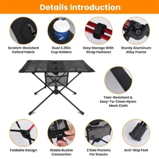 Racxily Portable Folding Camping Table Foldable Beach Table Aluminum Alloy Frame with 2 Cup Holders 2 Side Pockets Carry Bag image {3}