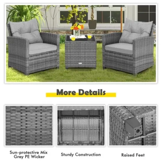 Costway 3PCS Patio Rattan Furniture Bistro Set  Cushioned Sofas Side Table Armrest Grey image {8}