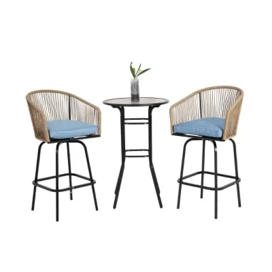3 Piece Outdoor Patio Bistro Bar Set,Patio Round Bar Table and 2 Swivel Bar Stool Set with Cushion,Bar Height Metal Garden Dining Set-Coolbibila image {4}