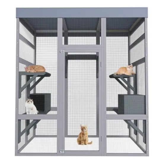 62.6" Large Wooden Outdoor Cat House with Waterproof Roof, Catio Enclosure with 6 Platforms and 2 Resting Boxes for Patio&ndash;The Pop Home image {1}