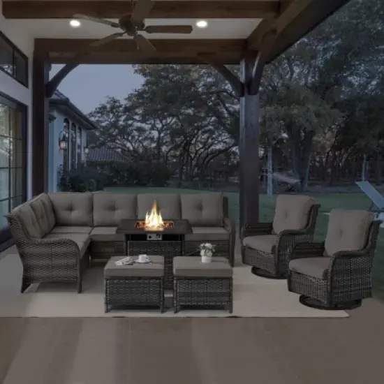 POCASSY 7-Piece Outdoor Furniture Set with Propane Fire Pit Table, Outdoor Living Set with All-Weather Brown Wicker Sectional Sofa and Swivel Chair image {18}