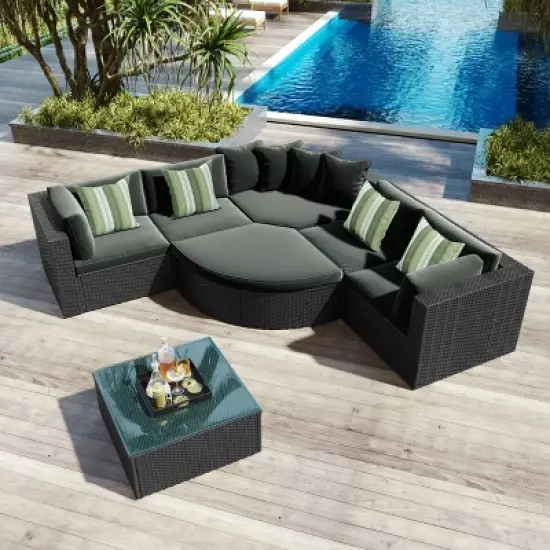 7pc Wicker Patio Seating Set with Cushions & Striped Pillows - Gray - GODEER image {2}