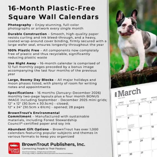 BrownTrout French Bulldogs 2026 12"x24" Hanging Square Wall Calendar Plastic-Free image {5}