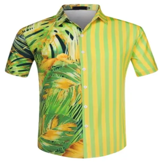 Lars Amadeus Men's Striped Shirt Point Collar Button Up Flower Print Summer Hawaiian Floral Patchwork Shirt image {7}