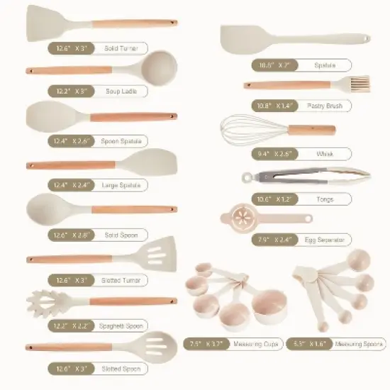Itopfox Kitchen Utensils Set - 34 PCS Non-Stick Silicone Cooking Tools with Wooden Handle, Kitchen Gadgets for Nonstick Cookware (Cream White) image {2}