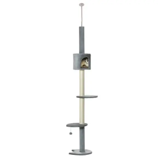PawHut 85.5" Cat Tree Height Adjustable Floor-to-Ceiling 4-Tier Kitty Climbing Activity Center Condo Cat Toy with Scratching Post Hanging Balls Gray image {3}