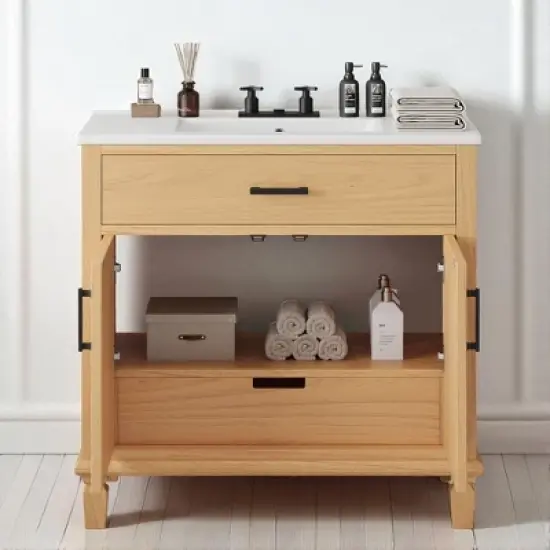 36" Rattan Bathroom Vanity with Ceramic Sink, Soft-Close Drawers & Solid Fir Legs,4" Faucet Compatible, Freestanding Vanity image {5}