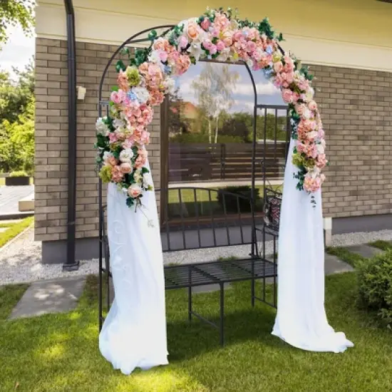 Tangkula Steel Garden Arch w/ 2-Seat Bench 6'7"H x 3'8"W Outdoor Arbor for Climbing Plants image {1}