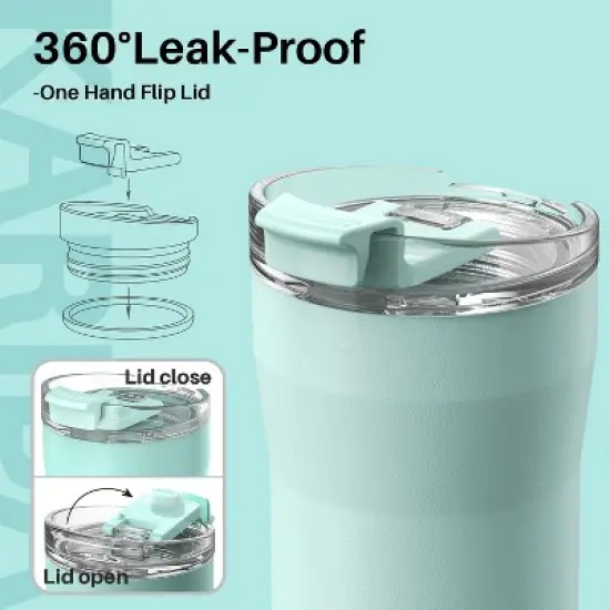 ZACHVO 12 oz Travel Coffee Mug, Insulated, Flip Lid, Stainless Steel, Spill Proof, Double Wall Vacuum, Reusable, Hot/Ice, Green image {1}