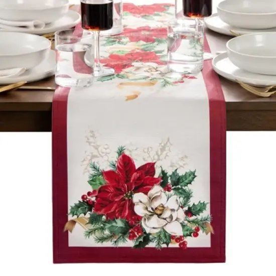 Poinsettia Garlands Engineered Table Runner - Multicolor - 13x70 - Elrene Home Fashions image {1}
