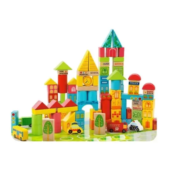 Insten 100 Piece Set Wooden Building Blocks of City and Transportation image {2}