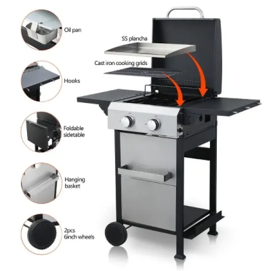 2-Burner Propane Gas Grill with Side Table,24,600 BTU Stainless Steel BBQ Grill with Enamel Cooking Grids,Outdoor Gas Barbecue Grill-Coolbibila image {2}