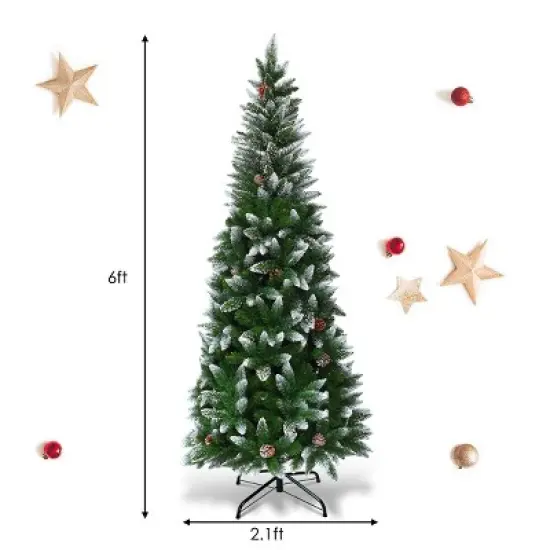 Costway 6ft Snow Flocked Unlit Pencil Christmas Tree Hinged Pine Cones image {2}