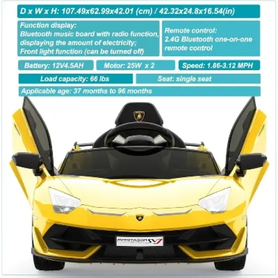 Garvee 12V Licensed Lamborghini Kids Electric Ride-On Car with Remote Control LED Lights and Sound System image {2}