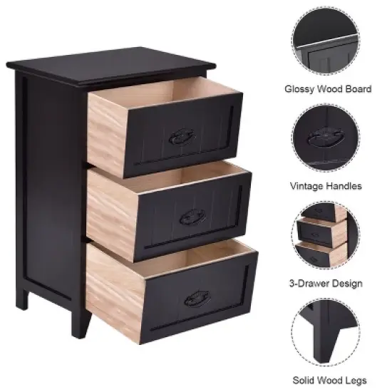 Tangkula 3 Drawers Nightstand End Table Storage Wood Side Bedside Black image {4}