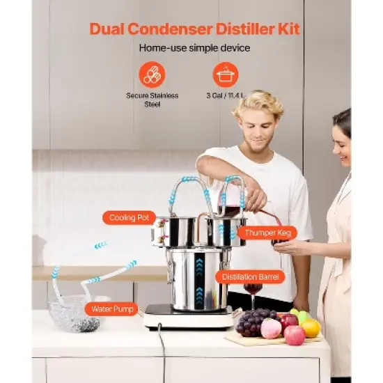 VEVOR Alcohol Still, 3 Gal / 11.4 L Stainless Steel Water Alcohol Distiller with Copper Coil for Fast Cooling, Dual Condenser Distiller Kit, Silver image {2}