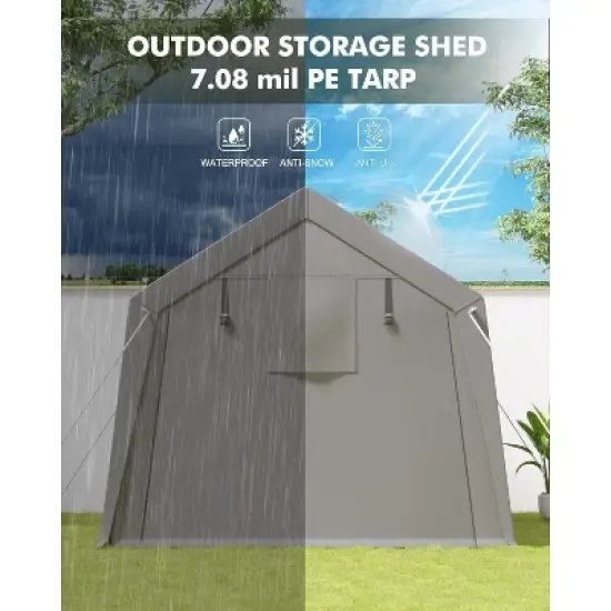 Heavy-Duty Outdoor Storage Shed, Waterproof & UV-Protected Motorcycle Shelter with Roll-Up Door, Ventilation, Grey Carport Tent for Bike, Tools image {3}