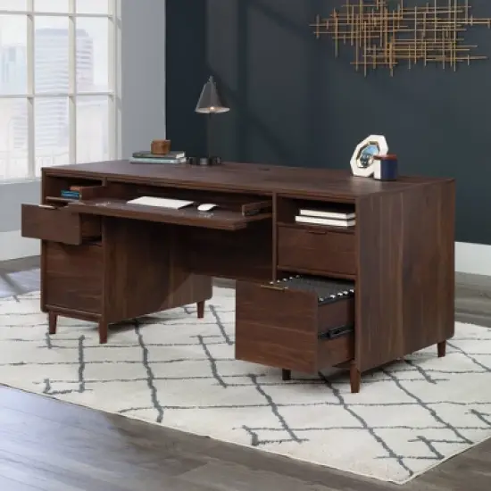 Sauder Clifford Place Desk with Shelves Grand Walnut: Executive Workstation, MDF Construction, Mid-Century Modern Style image {2}