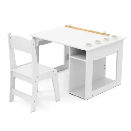 Infans Kid&rsquo;s Art Table & Chair Set with Paper Roll 4 Paint Cups & 2 Storage Shelves image {9}