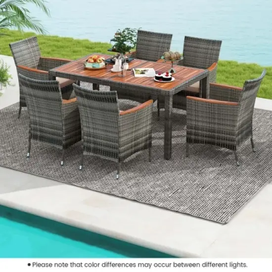 Costway 7 Pieces Outdoor Wicker Dining Set with Acacia Wood Table and 6 Armchairs image {3}