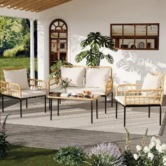 Acekool 4-Piece Outdoor Patio Set with Loveseat, Armchairs & Glass Coffee Table, Boho Rattan Conversation Set for Backyard, Porch, Balcony image {9}