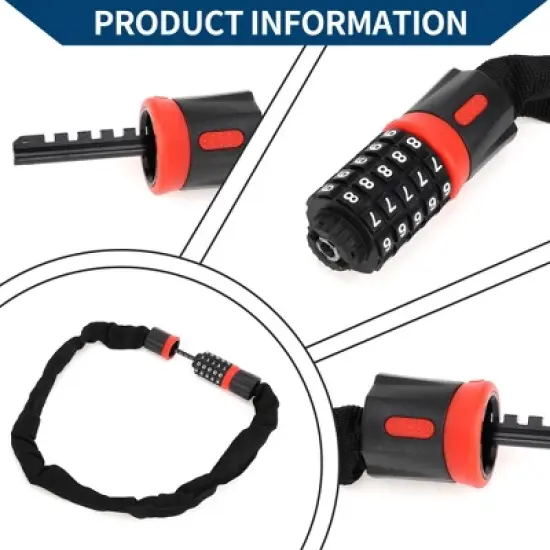 Unique Bargains Security Chain Combination Padlock Resettable 5 Digit Bike Lock Black Red 35.43" image {1}