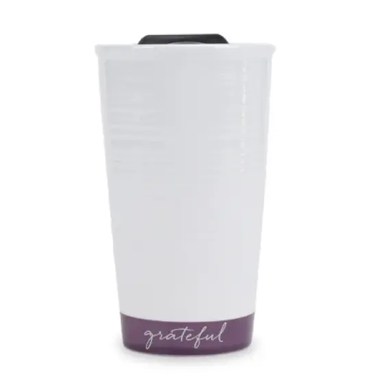 Lighthouse Christian Products Grateful Textured Dipped 12 ounce Ceramic Stoneware Travel Tumbler Mug, Dark Purple image {5}