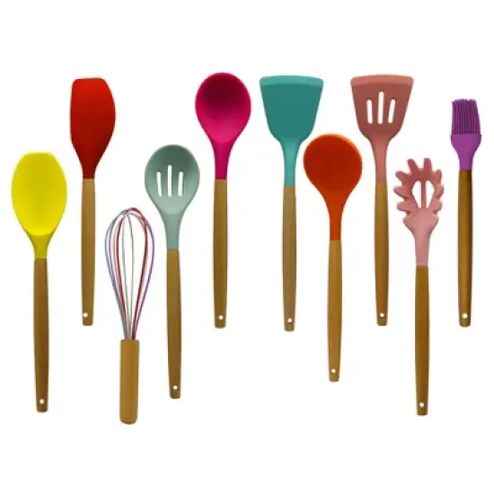 Cheer Collection Vibrant Silicone Kitchen Utensil Set with Durable Wooden Handles (12-Piece) image {2}