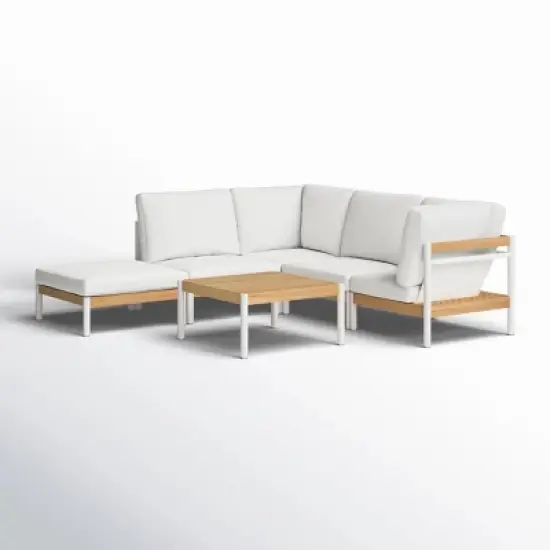 Modular Outdoor Corner Sofa Set Wood Grain Texture Sectional w/ Chaise Longue & Ottoman + Square Coffee Table image {8}