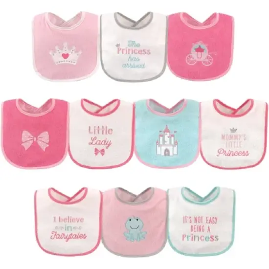 Luvable Friends Baby Girl Cotton Terry Drooler Bibs with PEVA Back 10pk, Princess, One Size image {1}