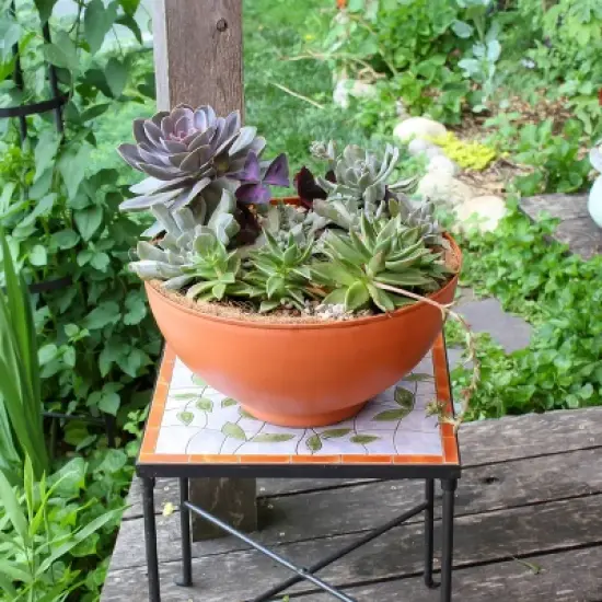 8" Wide Planter Bowl Burnt Sienna Galvanized Steel with Black Wrought Iron Plant Stand - ACHLA Designs image {2}