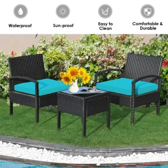 Tangkula 3 Pieces Patio Set Outdoor Wicker Rattan Furniture w/ Cushions Turquoise image {4}