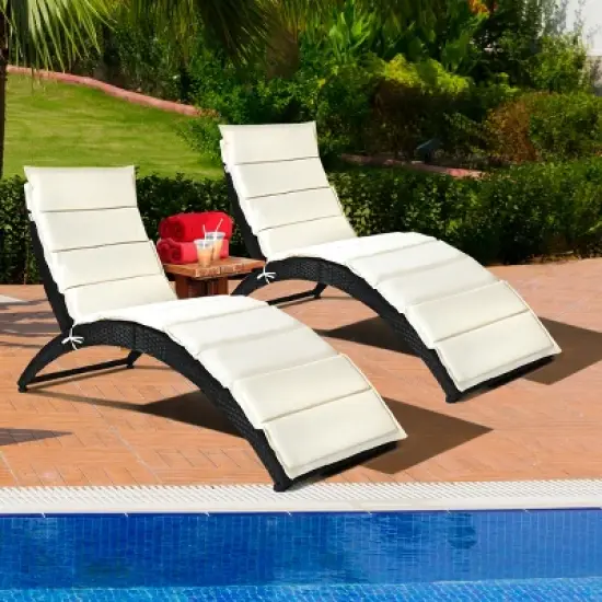 Tangkula 2PCS Foldable Rattan Wicker Chaise Lounge Chair w/ Cushion Patio Outdoor image {3}
