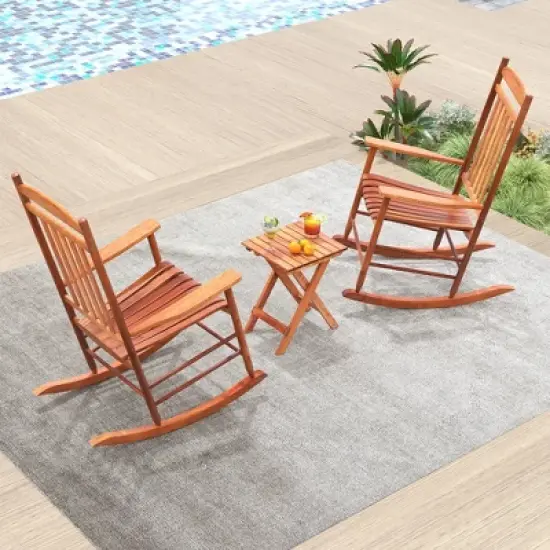 Tangkula 3PCS Patio Poplar Wood Rocking Bistro Set Outdoor Furniture Set for Garden image {3}