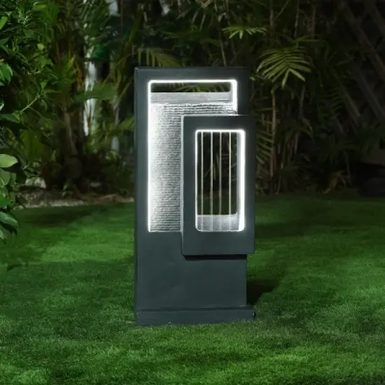 LuxenHome Gray Resin Column Outdoor Fountain with LED Light image {1}